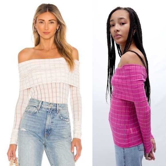 NWT FREE PEOPLE Ribbed Knit Striped Off Shoulder Après-ski Peach Sweater Top XS - Picture 12 of 13